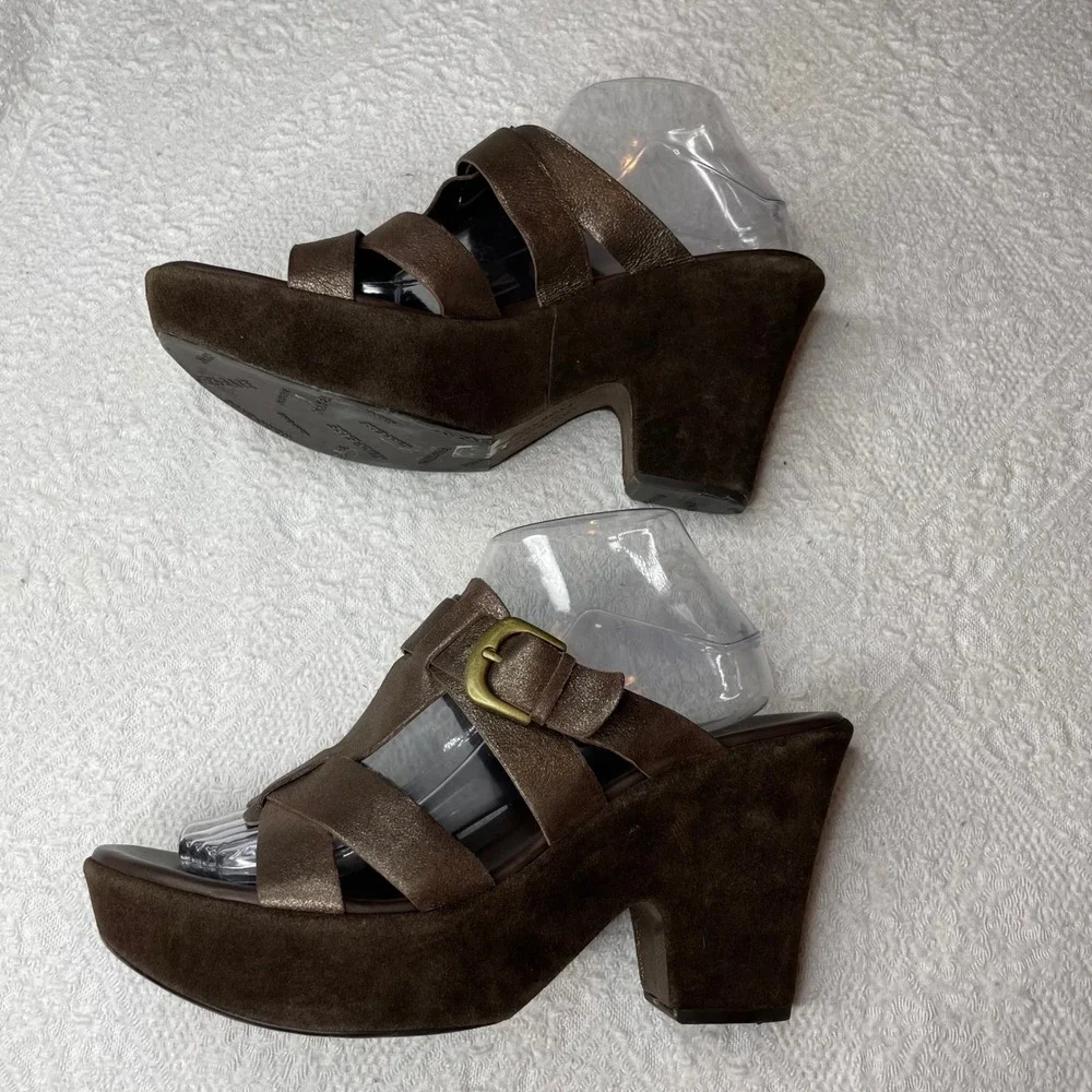 Kork-Ease Brown Suede Metallic Bronze Platform Slide Sandals K0063 Womens 10 42